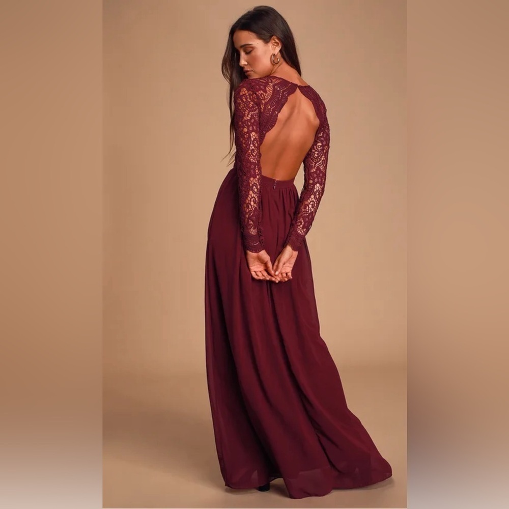 Lulus Awaken My Love Burgundy Long Sleeve Lace Maxi Dress Open-Back Sz M